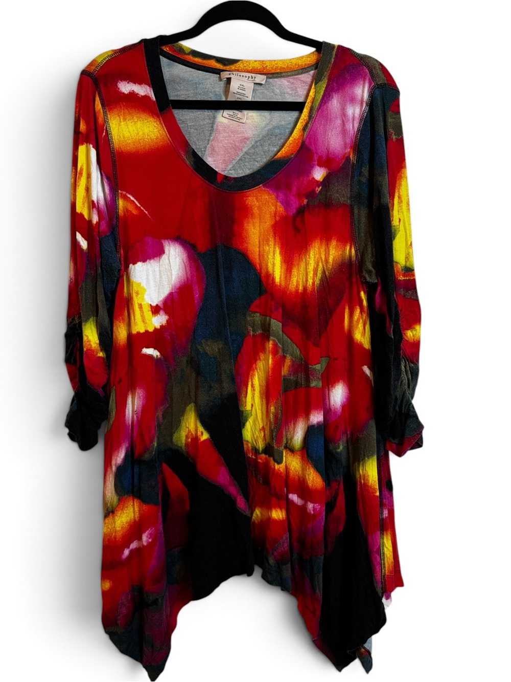 Philosophy Top Womens XXL Multicolor Abstract Print Tunic Sharkbite Hem 3/4 Slee